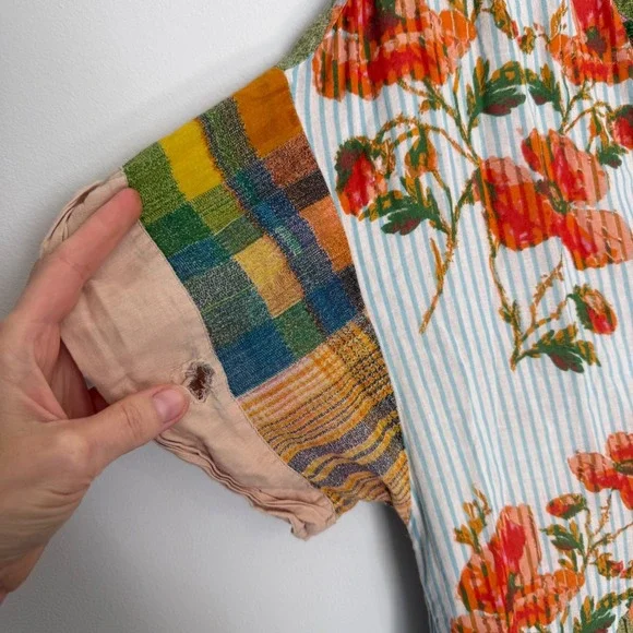 Free People Mixed Print Patchwork Tunic Dress Floral Plaid Boho S V Neck - Picture 3 of 10